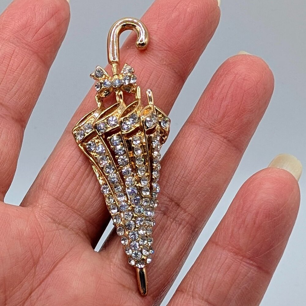 Umbrella Brooch - Gold-Tone - Clear Rhinestones - Vintage